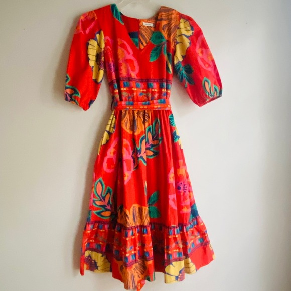 Maude Vivante Floral Midi Dress Small Red Tropical Boho Puff Sleeve Maximalist - Picture 6 of 6